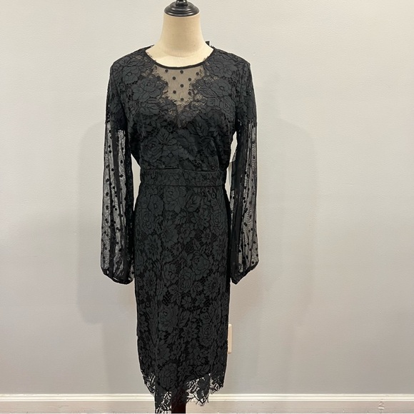 Alexia Admor Black Floral Lace Illusion Long Puff Sleeves Midi - Main Image